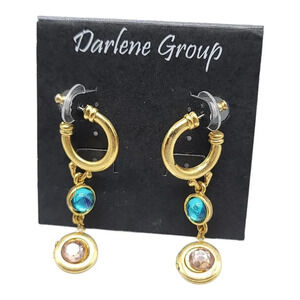 Darlene Group 1980's Runway Multi Colored Cabochon Locket Dangle Earrings